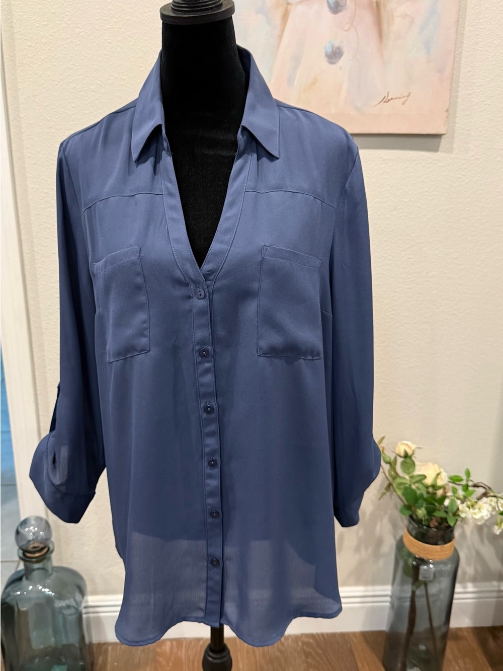 Women's Button-Front Blouse in Dusty Blue